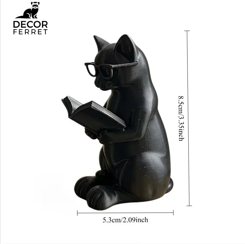 2026 Newest 3D Printed Reading Cat Figurine with Glasses Book Lover Desktop Statue Modern Home Office Bookshelf Decor Gift