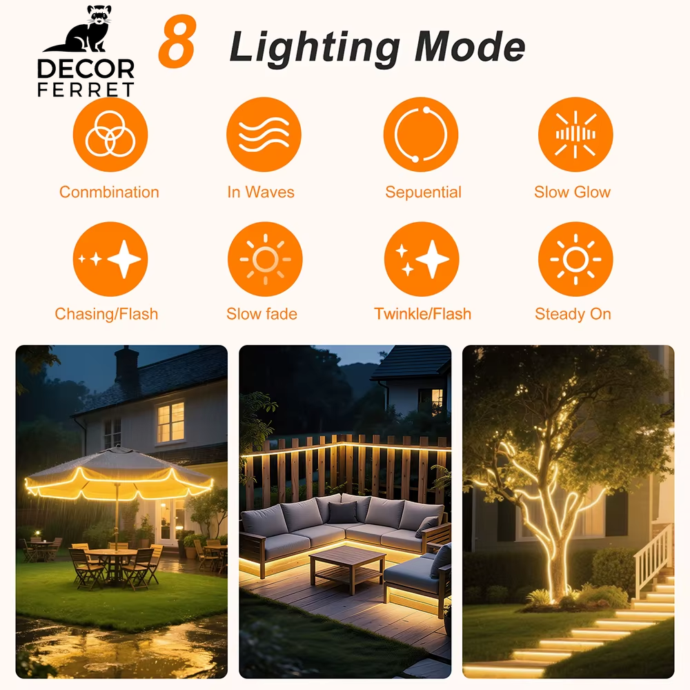 24V Waterproof Solar Neon Light Strip with 8 Modes, 120 LEDs