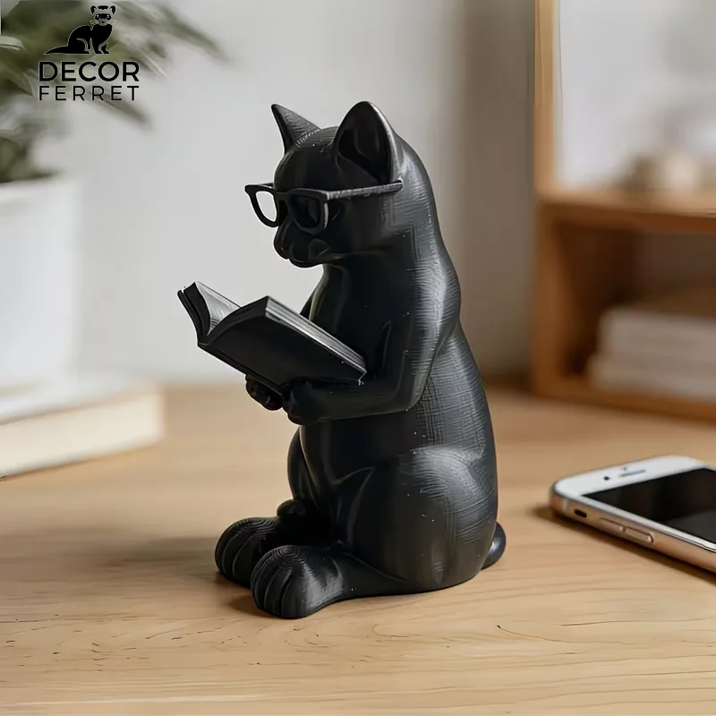2026 Newest 3D Printed Reading Cat Figurine with Glasses Book Lover Desktop Statue Modern Home Office Bookshelf Decor Gift