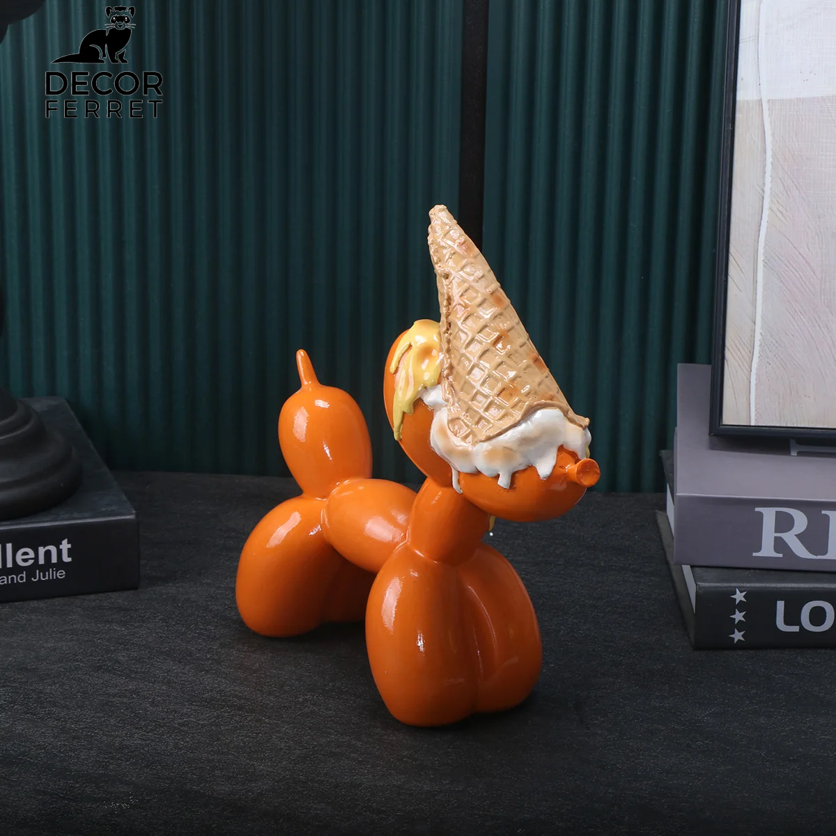 Balloon Dog Sculpture with Icecream Cone & Cake Design, Creative Bull Statue for Home Decor