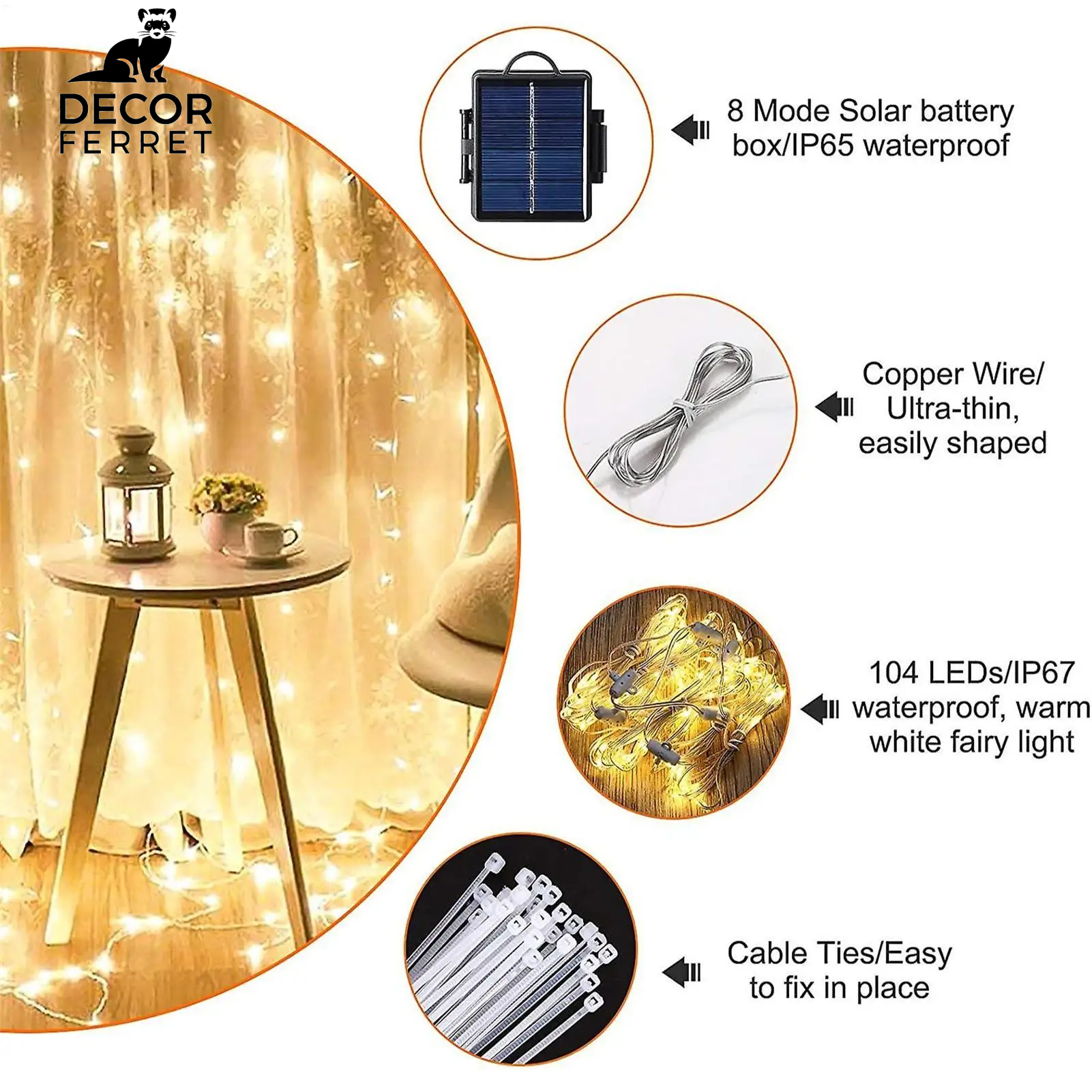 Solar-Powered LED Umbrella String Lights with 8 Lighting Modes